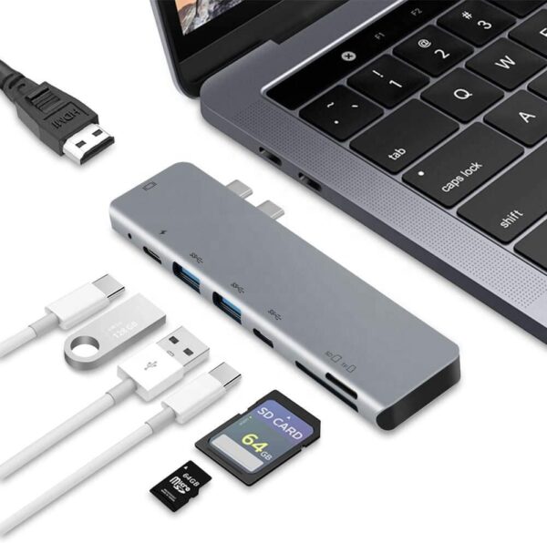 7 in 2 Dual USB Type C to 4K HDMI Hub with SD TF Card slots and USB-C and PD Fast charging and 2 USB-A for MacBook Pro